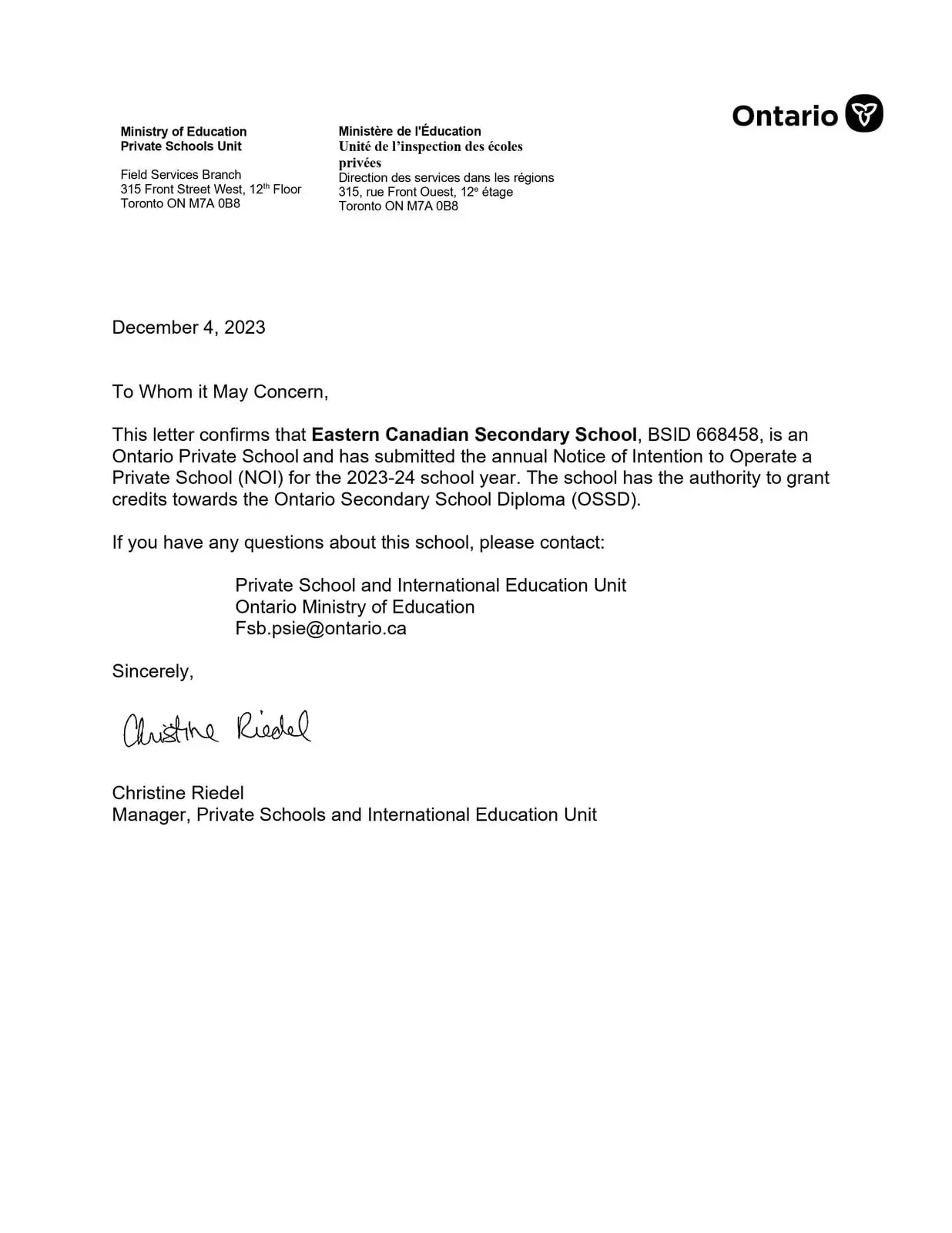 Ministry of Education Letter